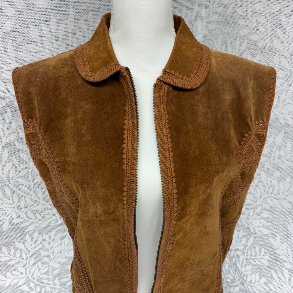 Lisa International Suede Knit Vest Womens XL Brown Crochet Zip Front Vintage 70s - Picture 9 of 13